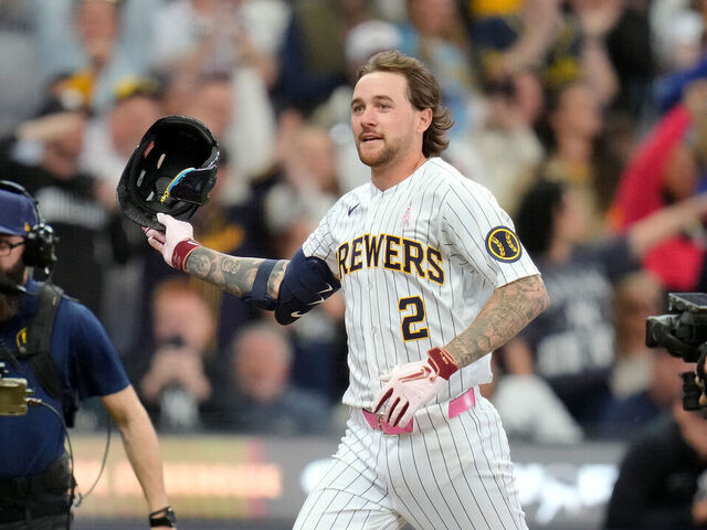 MILWAUKEE, WISCONSIN - MAY 10: Brice Turang #2 of the Milwaukee Brewers runs toward home plate after hitting a walk off home run in the ninth inning against the New York Yankees at American Family Field on May 10, 2026 in Milwaukee, Wisconsin.
