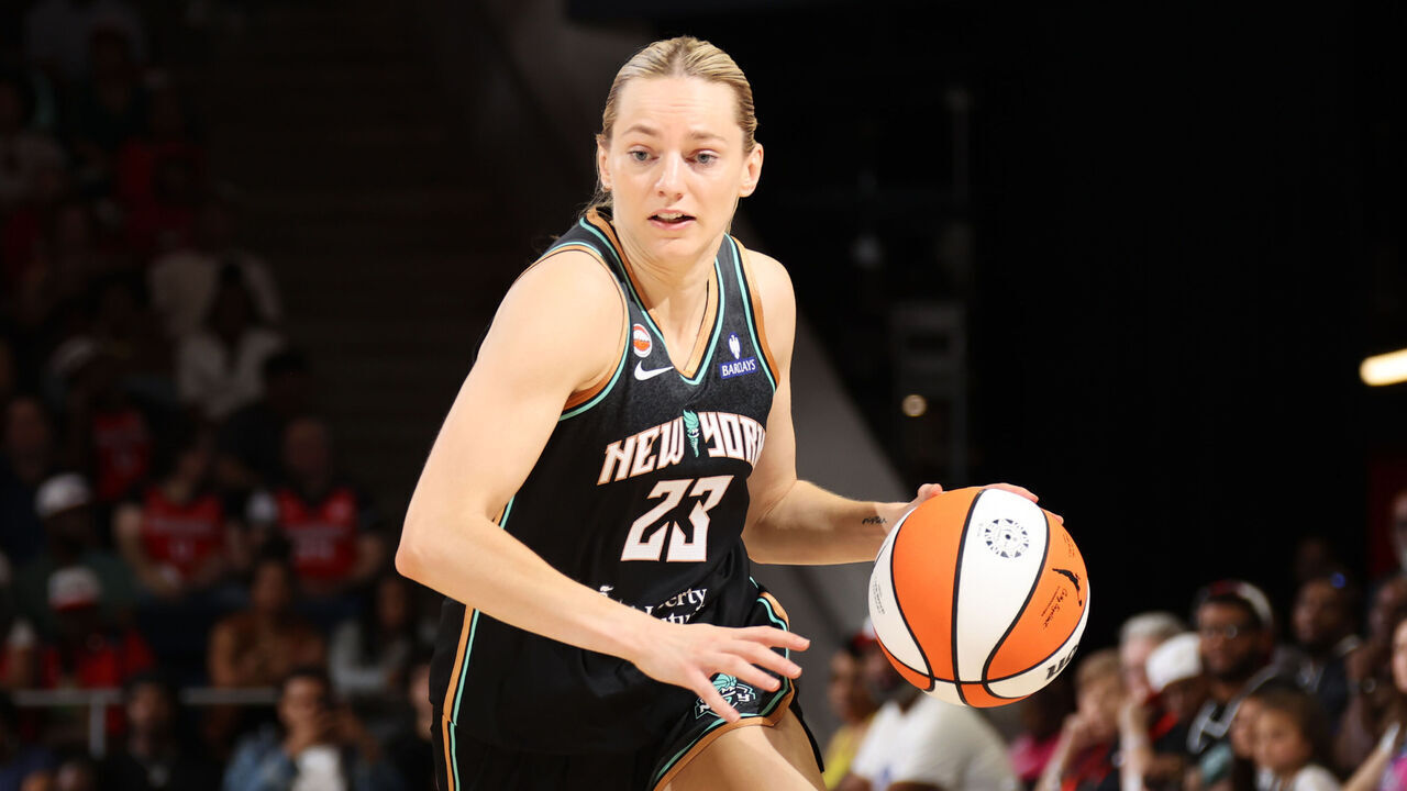 WASHINGTON, D.C. - MAY 10: Marine Johannes #23 of the New York Liberty drives to the basket during the game against the Washington Mystics on May 10, 2026 at Entertainment and Sports Arena in Washington, D.C. Mandatory Copyright Notice: Copyright 2026 NBAE