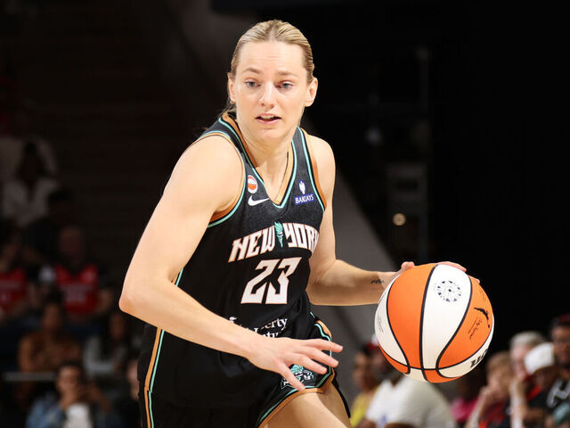 WASHINGTON, D.C. - MAY 10: Marine Johannes #23 of the New York Liberty drives to the basket during the game against the Washington Mystics on May 10, 2026 at Entertainment and Sports Arena in Washington, D.C. Mandatory Copyright Notice: Copyright 2026 NBAE