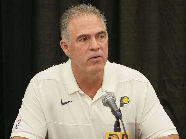 INDIANAPOLIS, IN - JULY 30: President of Basketball Operations Kevin Pritchard of the Indiana Pacers talks to the media during the press conference on July 30, 2021 at Ascension St. Vincent Center in Indianapolis, Indiana. Mandatory Copyright Notice: Copyright 2021 NBAE