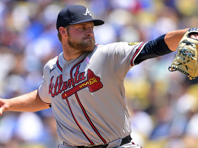 LOS ANGELES, CALIFORNIA - MAY 10: Bryce Elder #55 of the Atlanta Braves delivers to the plate during the first inning against the Los Angeles Dodgers at Dodger Stadium on May 10, 2026 in Los Angeles, California.