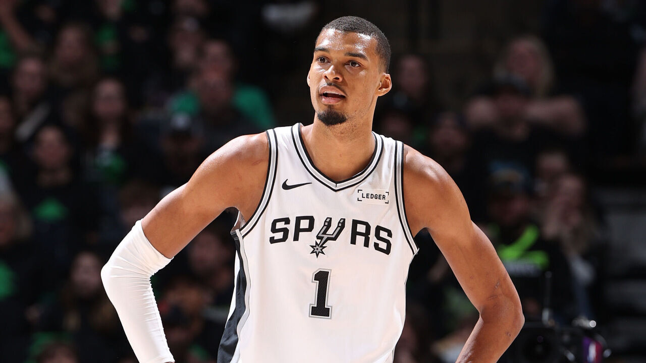 MINNEAPOLIS, MN - MAY 10: Victor Wembanyama #1 of the San Antonio Spurs looks on during the game against the Minnesota Timberwolves during Round Two Game Four of the 2026 NBA Playoffs on May 10, 2026 at Target Center in Minneapolis, Minnesota. Mandatory Copyright Notice: Copyright 2026 NBAE
