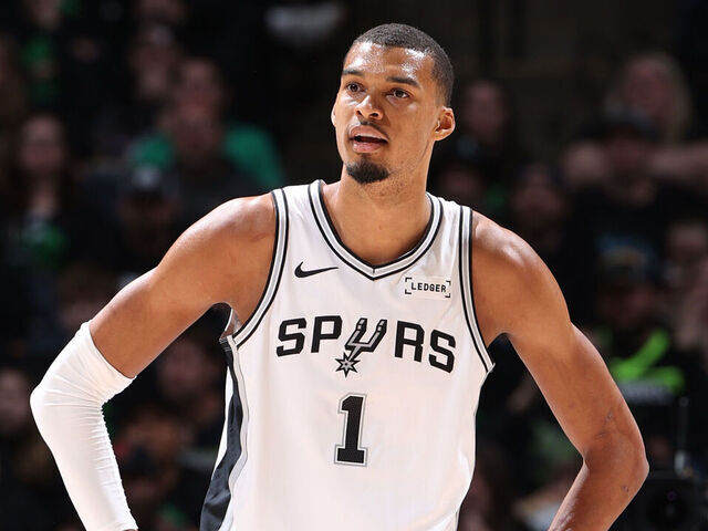 MINNEAPOLIS, MN - MAY 10: Victor Wembanyama #1 of the San Antonio Spurs looks on during the game against the Minnesota Timberwolves during Round Two Game Four of the 2026 NBA Playoffs on May 10, 2026 at Target Center in Minneapolis, Minnesota. Mandatory Copyright Notice: Copyright 2026 NBAE