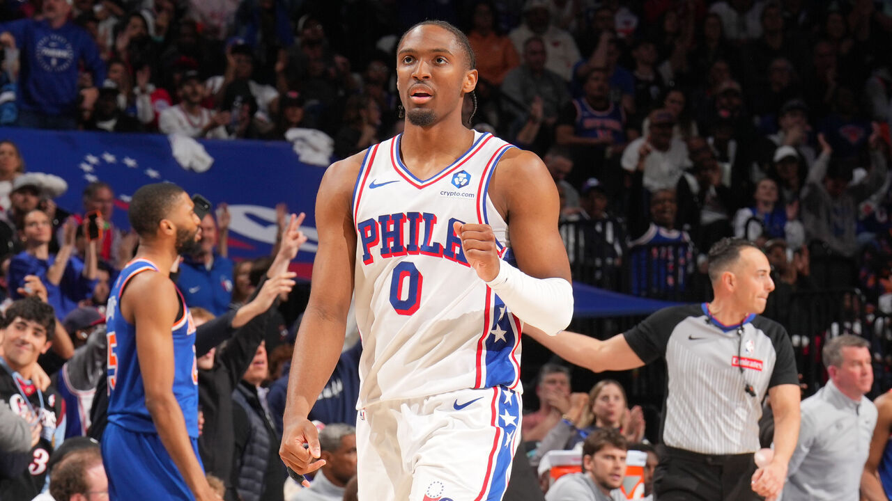 PHILADELPHIA, PA - MAY 8: Tyrese Maxey #0 of the Philadelphia 76ers celebrates during the game against the New York Knicks during Round Two Game Three of the 2026 NBA Playoffs on May 8, 2026 at the Wells Fargo Center in Philadelphia, Pennsylvania NOTE TO USER: User expressly acknowledges and agrees that, by downloading and/or using this Photograph, user is consenting to the terms and conditions of the Getty Images License Agreement. Mandatory Copyright Notice: Copyright 2026 NBAE