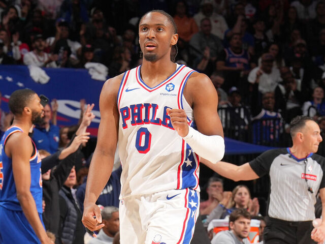 PHILADELPHIA, PA - MAY 8: Tyrese Maxey #0 of the Philadelphia 76ers celebrates during the game against the New York Knicks during Round Two Game Three of the 2026 NBA Playoffs on May 8, 2026 at the Wells Fargo Center in Philadelphia, Pennsylvania NOTE TO USER: User expressly acknowledges and agrees that, by downloading and/or using this Photograph, user is consenting to the terms and conditions of the Getty Images License Agreement. Mandatory Copyright Notice: Copyright 2026 NBAE