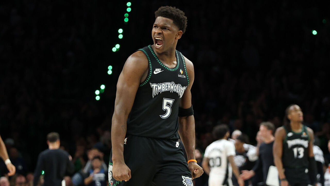 MINNEAPOLIS, MINNESOTA - MAY 10: Anthony Edwards #5 of the Minnesota Timberwolves reacts during the fourth quarter against the San Antonio Spurs in Game Four of the Second Round of the NBA Western Conference Playoffs at Target Center on May 10, 2026 in Minneapolis, Minnesota.