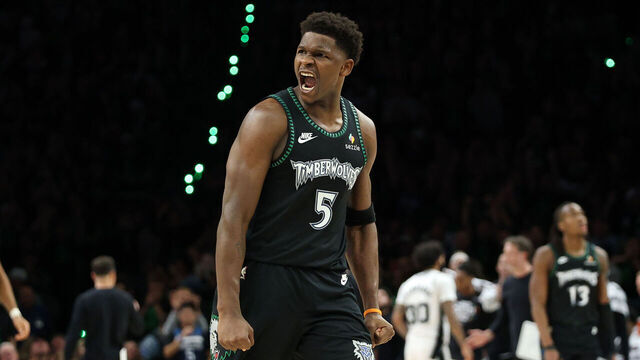 MINNEAPOLIS, MINNESOTA - MAY 10: Anthony Edwards #5 of the Minnesota Timberwolves reacts during the fourth quarter against the San Antonio Spurs in Game Four of the Second Round of the NBA Western Conference Playoffs at Target Center on May 10, 2026 in Minneapolis, Minnesota.
