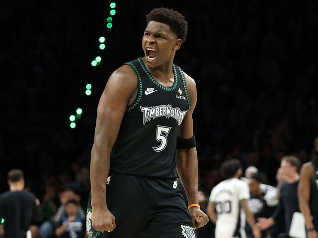 MINNEAPOLIS, MINNESOTA - MAY 10: Anthony Edwards #5 of the Minnesota Timberwolves reacts during the fourth quarter against the San Antonio Spurs in Game Four of the Second Round of the NBA Western Conference Playoffs at Target Center on May 10, 2026 in Minneapolis, Minnesota.