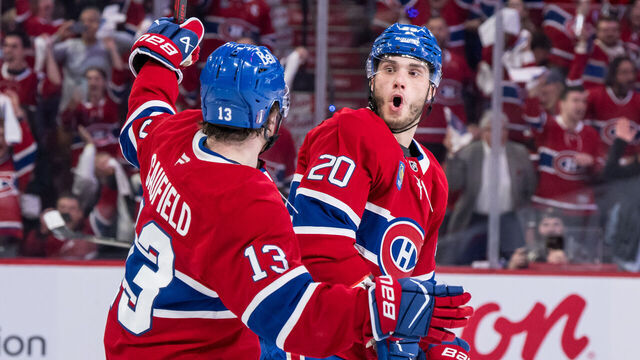 MONTREAL, QC - MAY 10: Montréal Canadiens left wing Juraj Slafkovský (20) celebrates with teammates after scoring a goal during the secondperiod of Game Three of the NHL Stanley Cup Playoffs second Round between the Buffalo Sabres and the Montreal Canadiens on May 10, 2026, at the Bell Centre in Montreal, QC