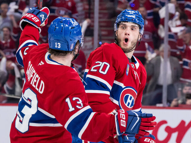 MONTREAL, QC - MAY 10: Montréal Canadiens left wing Juraj Slafkovský (20) celebrates with teammates after scoring a goal during the secondperiod of Game Three of the NHL Stanley Cup Playoffs second Round between the Buffalo Sabres and the Montreal Canadiens on May 10, 2026, at the Bell Centre in Montreal, QC