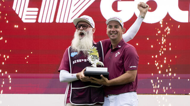 STERLING, VIRGINIA - MAY 10: Lucas Herbert of Ripper GC and his caddie Nick Pugh celebrate during day 4 of LIV Golf Virginia at Trump National Golf Club on May 10, 2026 in Sterling, Virginia.
