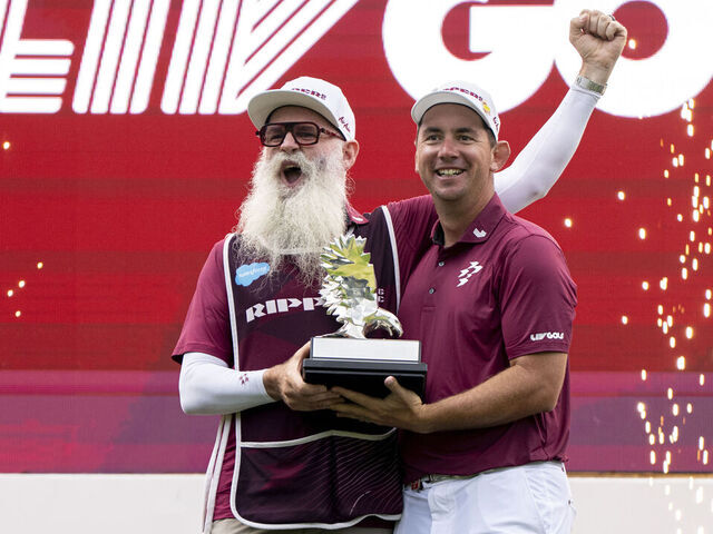 STERLING, VIRGINIA - MAY 10: Lucas Herbert of Ripper GC and his caddie Nick Pugh celebrate during day 4 of LIV Golf Virginia at Trump National Golf Club on May 10, 2026 in Sterling, Virginia.