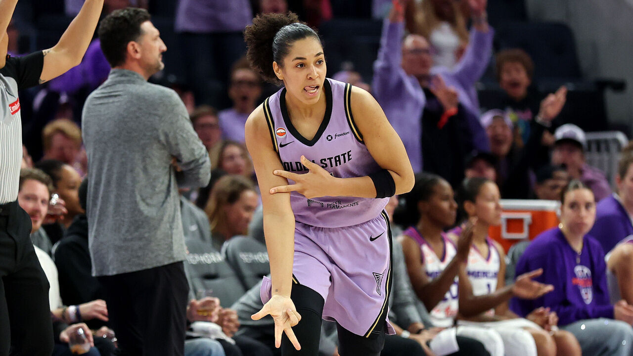 SAN FRANCISCO, CALIFORNIA - MAY 10: Janelle Salaun #13 of the Golden State Valkyries reacts after making a basket against the Phoenix Mercury in the second half at Chase Center on May 10, 2026 in San Francisco, California.