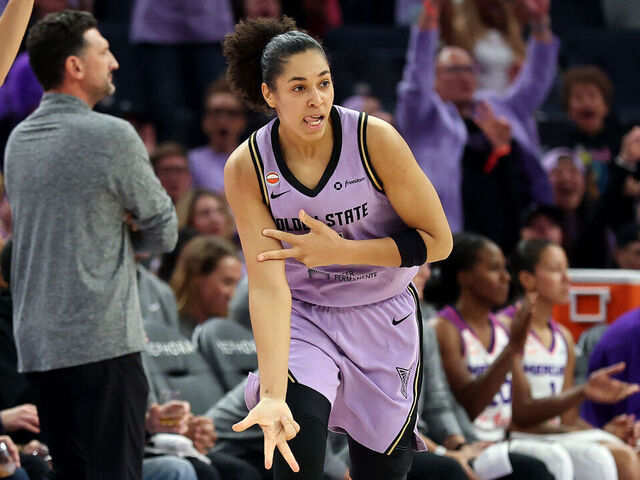 SAN FRANCISCO, CALIFORNIA - MAY 10: Janelle Salaun #13 of the Golden State Valkyries reacts after making a basket against the Phoenix Mercury in the second half at Chase Center on May 10, 2026 in San Francisco, California.
