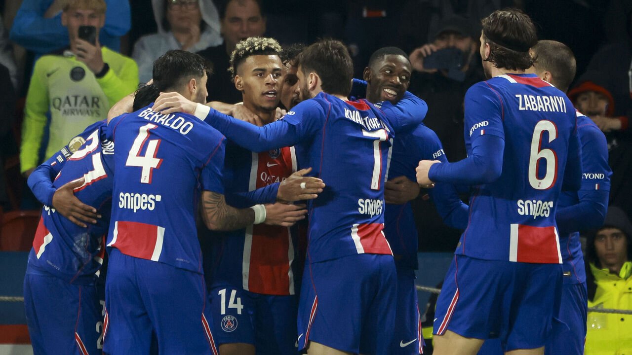 PARIS, FRANCE - MAY 10: Desire Doue of PSG celebrates his goal with Ousmane Dembele and teammates during the Ligue 1 McDonald's football match between Paris Saint-Germain (PSG) and Stade Brestois 29 (Brest) at Parc des Princes stadium on May 10, 2026 in Paris, France.