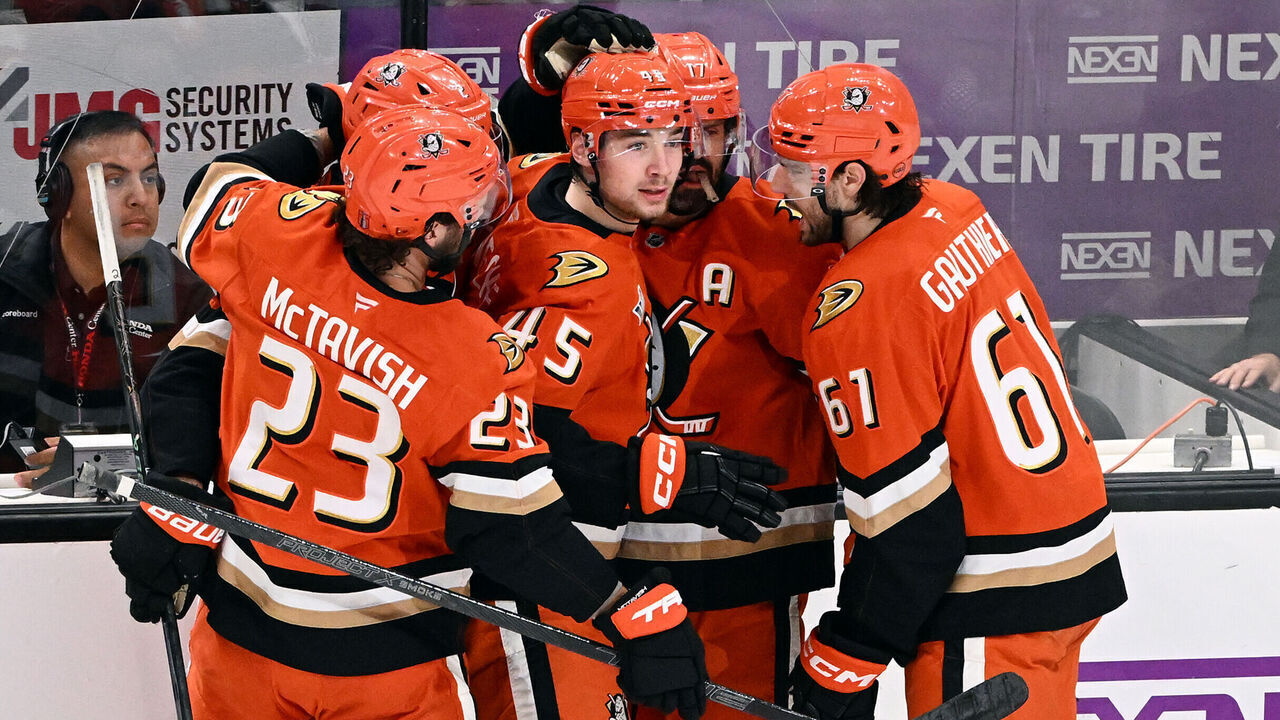 ANAHEIM, CA - MAY 10: Anaheim Ducks right wing Beckett Sennecke (45) with his teammates after scoring a goal during NHL hockey game 4 Stanley Cup Playoffs Second Round game against the Vegas Golden Knights played on May 10, 2026 at the Honda Center in Anaheim, CA.