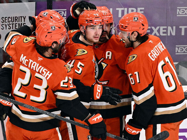 ANAHEIM, CA - MAY 10: Anaheim Ducks right wing Beckett Sennecke (45) with his teammates after scoring a goal during NHL hockey game 4 Stanley Cup Playoffs Second Round game against the Vegas Golden Knights played on May 10, 2026 at the Honda Center in Anaheim, CA.