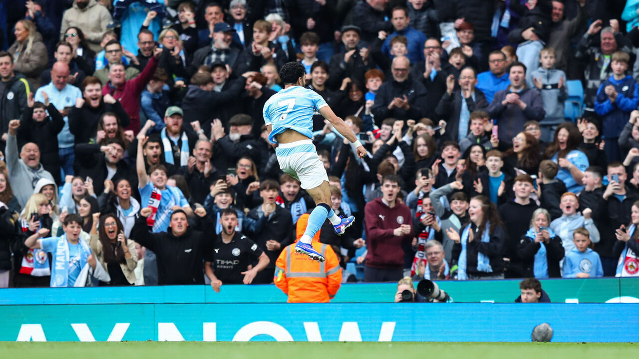 Omar Marmoush of Manchester City celebrates his goal to make it 3-0 during the Premier League match between Manchester City and Brentford at The City in the Community Etihad Stadium in Manchester, United Kingdom, on May 9, 2026.