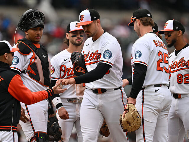 BALTIMORE, MD - APRIL 26: Pitcher Grant Wolfram #48 of the Baltimore Orioles is pulled in the sixth inning after giving up three hits and two runs to the Boston Red Sox at Oriole Park at Camden Yards on April 26, 2026 in Baltimore, Maryland.