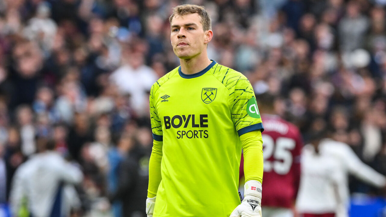 Mads Hermansen, goalkeeper of West Ham United, during the Premier League match between West Ham United and Arsenal at the London Stadium in Stratford, United Kingdom, on May 10, 2026.
