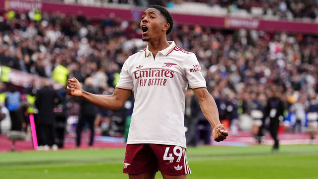 Arsenal's Myles Lewis-Skelly celebrates after the Premier League match at London Stadium, London. Picture date: Sunday May 10, 2026.