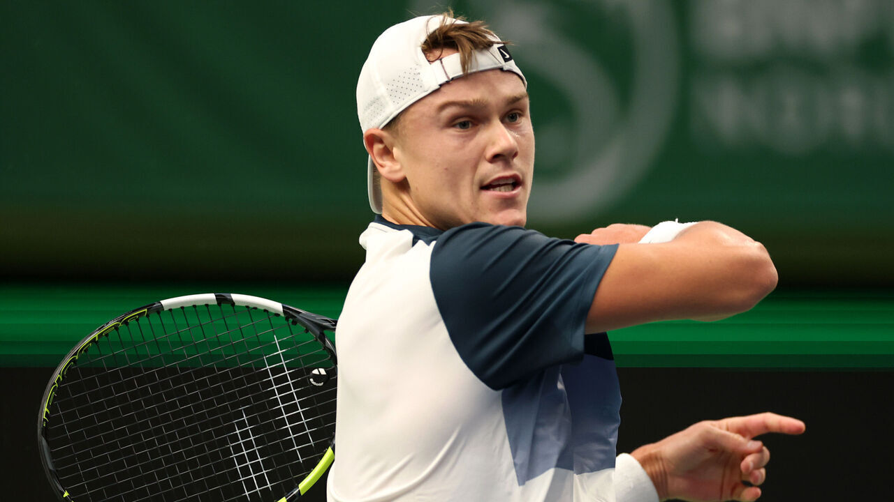 STOCKHOLM, SWEDEN - OCTOBER 18: Holger Rune of Denmark plays a forehand against Ugo Humbert of France during the Men's Singles semi-final match on day eight of the BNP Paribas Nordic Open 2025 at Royal Tennis Hall on October 18, 2025 in Stockholm, Sweden.