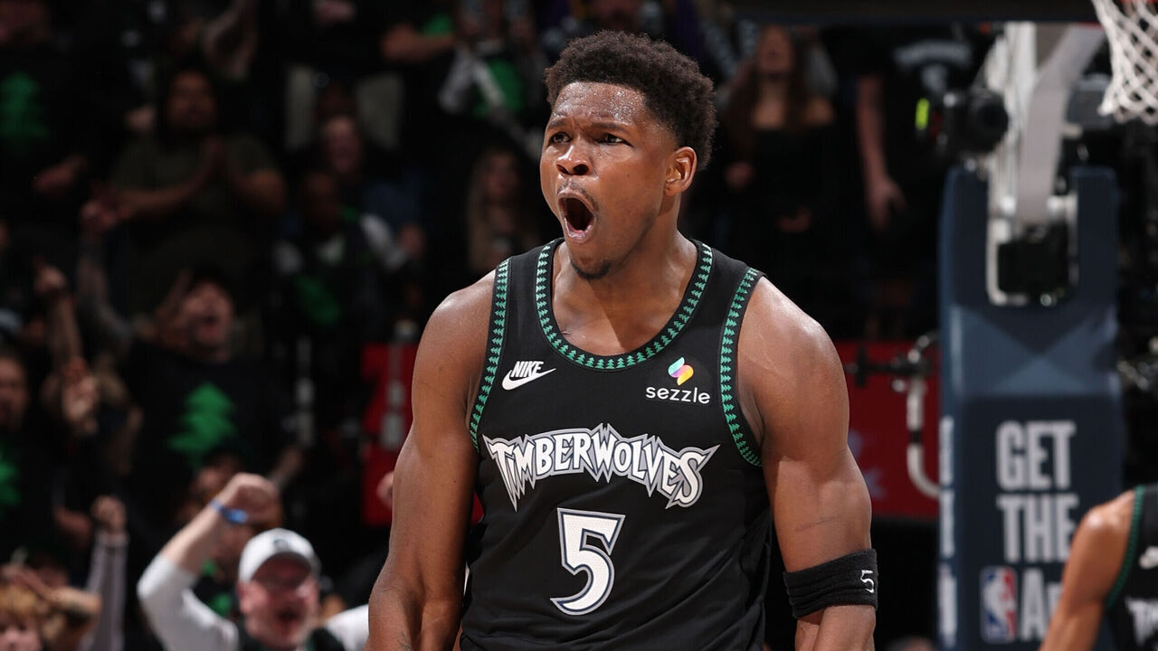 MINNEAPOLIS, MN - MAY 10: Anthony Edwards #5 of the Minnesota Timberwolves celebrates during the game against the San Antonio Spurs during Round Two Game Four of the 2026 NBA Playoffs on May 10, 2026 at Target Center in Minneapolis, Minnesota. Mandatory Copyright Notice: Copyright 2026 NBAE