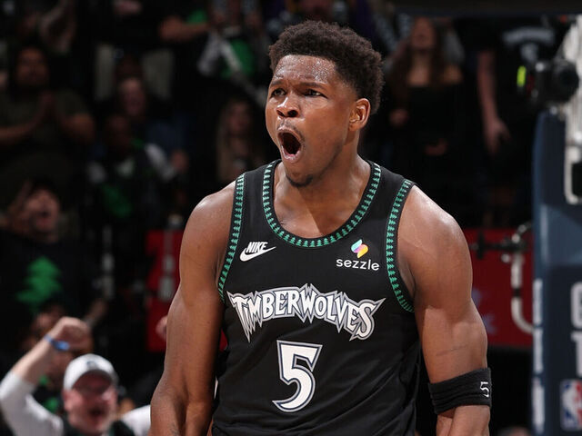 MINNEAPOLIS, MN - MAY 10: Anthony Edwards #5 of the Minnesota Timberwolves celebrates during the game against the San Antonio Spurs during Round Two Game Four of the 2026 NBA Playoffs on May 10, 2026 at Target Center in Minneapolis, Minnesota. Mandatory Copyright Notice: Copyright 2026 NBAE