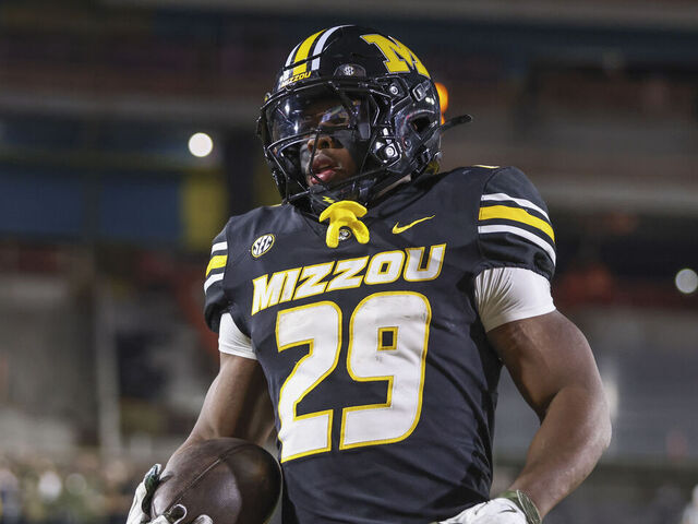 COLUMBIA, MO - NOVEMBER 15: Missouri Tigers running back Ahmad Hardy (29) after a 43-yard touchdown run in the fourth quarter of an SEC football game between the Mississippi State Bulldogs and Missouri Tigers on November 15, 2025 at Memorial Stadium in Columbia, MO.
