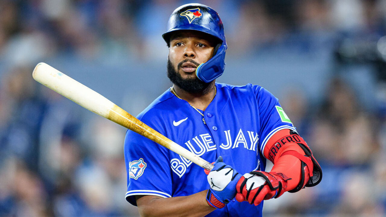 TORONTO, ON - APRIL 27: Toronto Blue Jays first baseman Vladimir Guerrero Jr. (27) reacts during the MLB regular season game between the Boston Red Sox and the Toronto Blue Jays on April 27, 2026, at Rogers Centre in Toronto, ON, Canada.