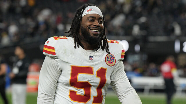 LAS VEGAS, NEVADA - JANUARY 04: Mike Danna #51 of the Kansas City Chiefs walks off the field after the game against the Las Vegas Raiders at Allegiant Stadium on January 04, 2026 in Las Vegas, Nevada. The Raiders defeated the Kansas City Chiefs 14-12.