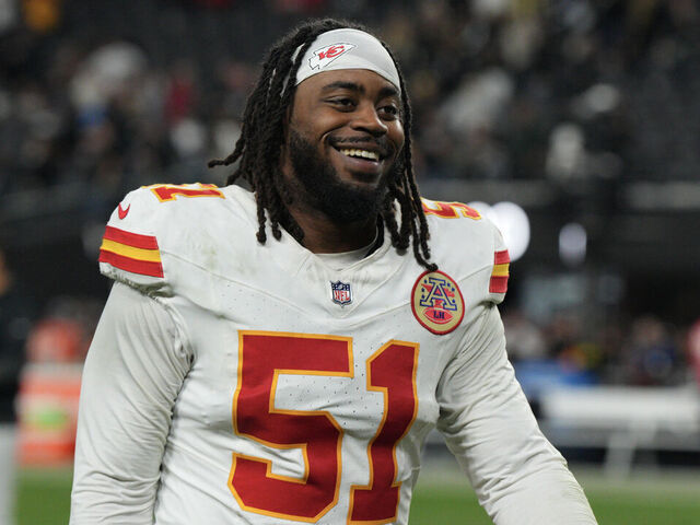 LAS VEGAS, NEVADA - JANUARY 04: Mike Danna #51 of the Kansas City Chiefs walks off the field after the game against the Las Vegas Raiders at Allegiant Stadium on January 04, 2026 in Las Vegas, Nevada. The Raiders defeated the Kansas City Chiefs 14-12.
