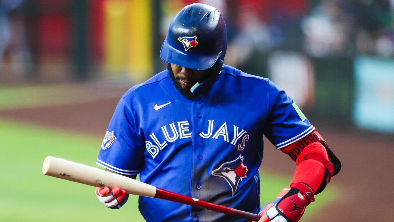 PHOENIX, AZ - APRIL 18: Vladimir Guerrero Jr. #27 of the Toronto Blue Jays checks his bat during the game between the Toronto Blue Jays and the Arizona Diamondbacks at Chase Field on Saturday, April 18, 2026 in Phoenix, Arizona.