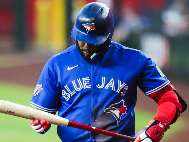 PHOENIX, AZ - APRIL 18: Vladimir Guerrero Jr. #27 of the Toronto Blue Jays checks his bat during the game between the Toronto Blue Jays and the Arizona Diamondbacks at Chase Field on Saturday, April 18, 2026 in Phoenix, Arizona.