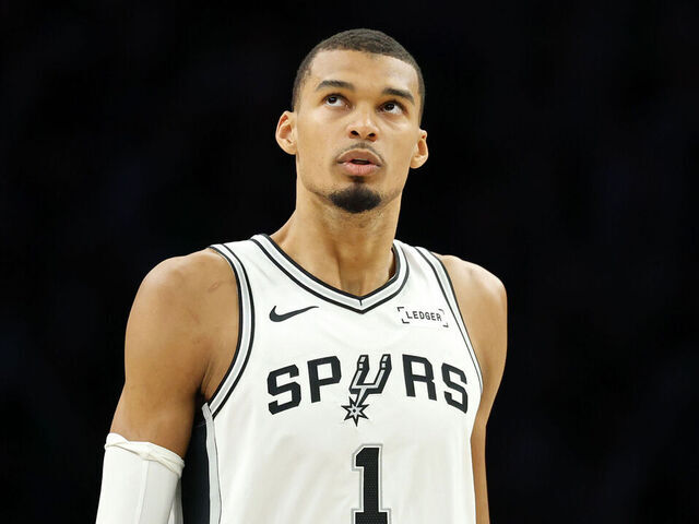 MINNEAPOLIS, MINNESOTA - MAY 10: Victor Wembanyama #1 of the San Antonio Spurs looks on during the first quarter against the Minnesota Timberwolves in Game Four of the Second Round of the NBA Western Conference Playoffs at Target Center on May 10, 2026 in Minneapolis, Minnesota.
