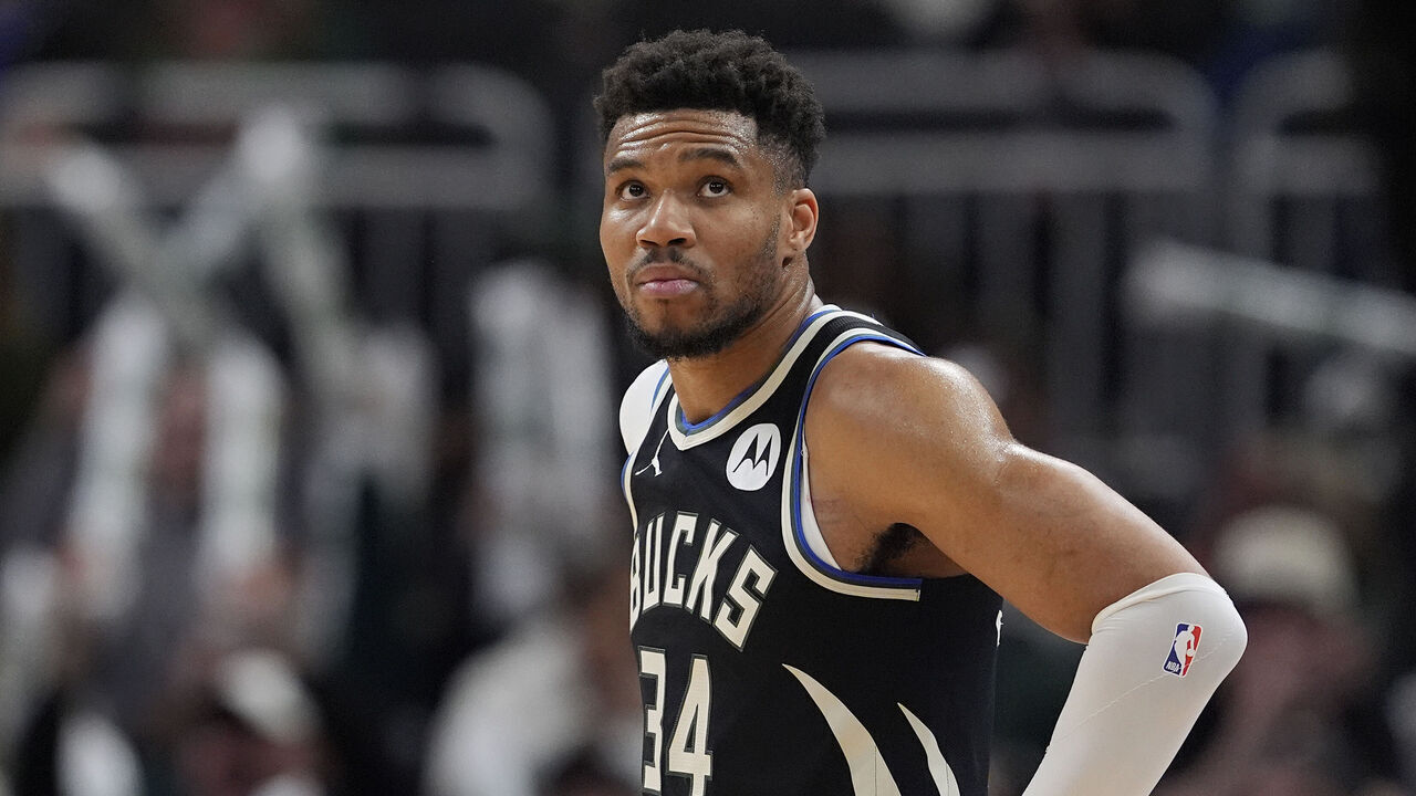 MILWAUKEE, WISCONSIN - MARCH 15: Giannis Antetokounmpo #34 of the Milwaukee Bucks reacts during the third quarter against the Indiana Pacers at Fiserv Forum on March 15, 2026 in Milwaukee, Wisconsin.