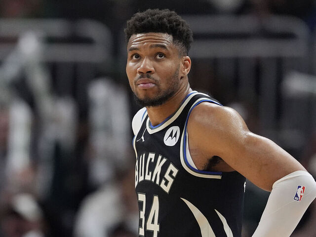 MILWAUKEE, WISCONSIN - MARCH 15: Giannis Antetokounmpo #34 of the Milwaukee Bucks reacts during the third quarter against the Indiana Pacers at Fiserv Forum on March 15, 2026 in Milwaukee, Wisconsin.