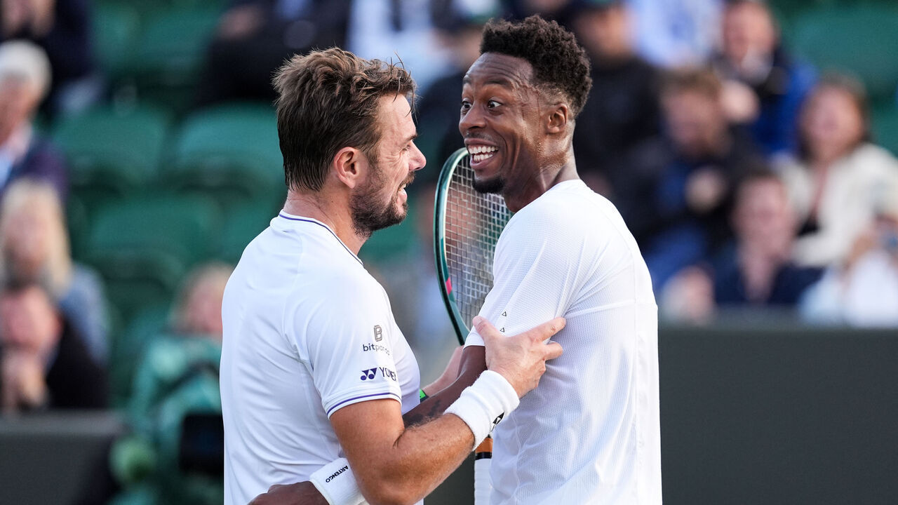 LONDON, ENGLAND - JULY 03: Stan Wawrinka (L) of Switzerland speaks to Gael Monfils of France in the Men's Singles Second Round match during day three of The Championships Wimbledon 2024 at All England Lawn Tennis and Croquet Club on July 03, 2024 in London, England.