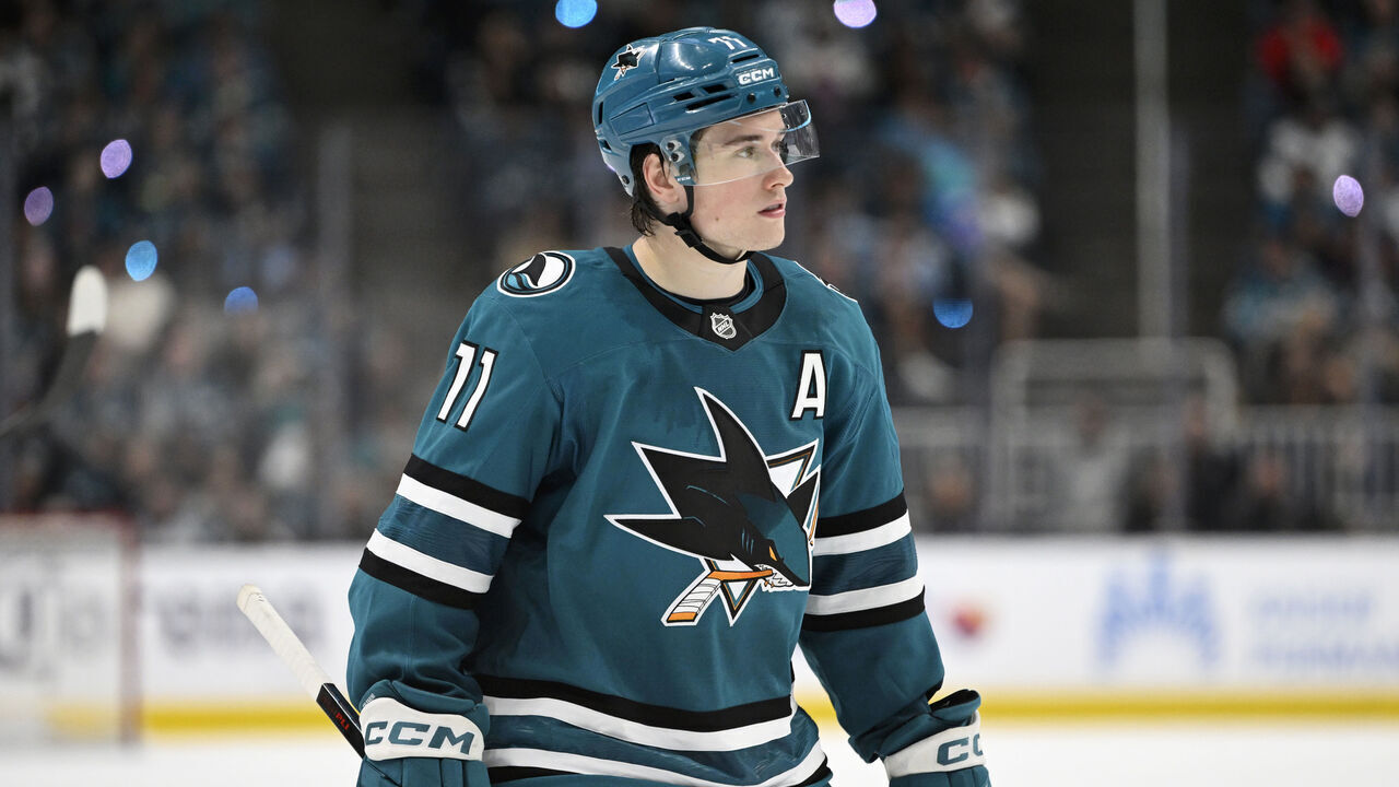 SAN JOSE, CALIFORNIA - APRIL 11: Macklin Celebrini #71 of the San Jose Sharks looks on against the Vancouver Canucks in the third period at SAP Center on April 11, 2026 in San Jose, California.