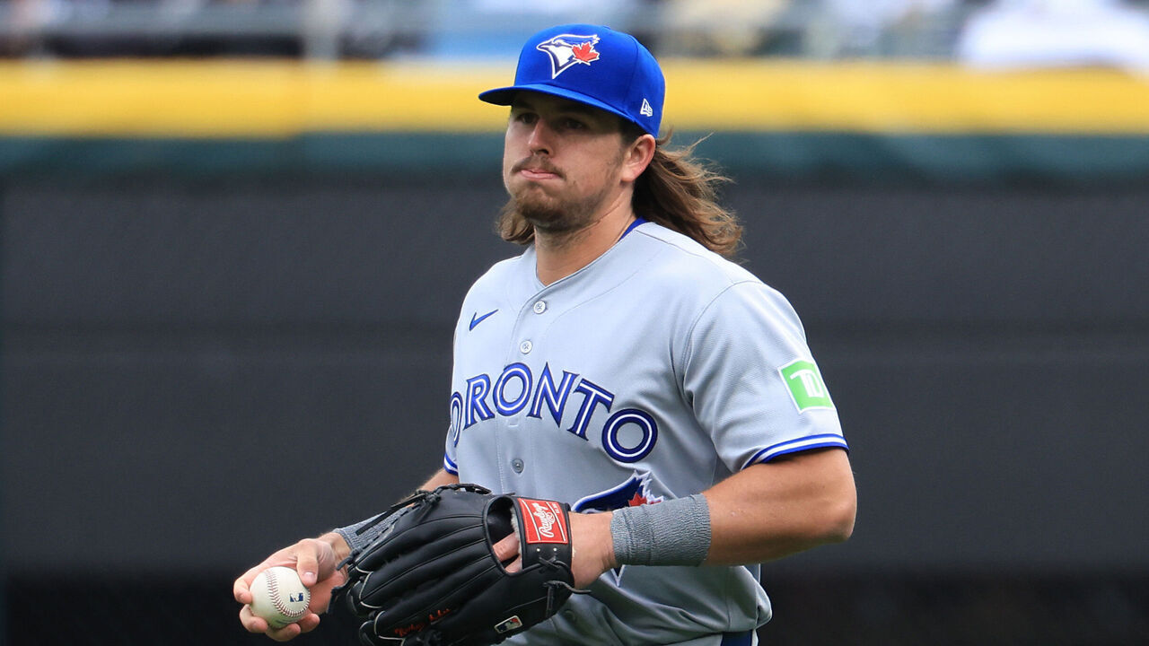 CHICAGO, ILLINOIS - APRIL 03: Addison Barger #47 of the Toronto Blue Jays looks on against the Chicago White Sox during the home opening day at Rate Field on April 03, 2026 in Chicago, Illinois.