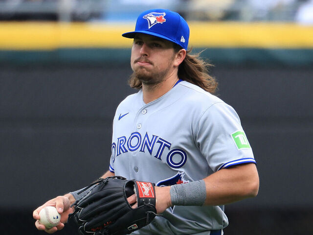 CHICAGO, ILLINOIS - APRIL 03: Addison Barger #47 of the Toronto Blue Jays looks on against the Chicago White Sox during the home opening day at Rate Field on April 03, 2026 in Chicago, Illinois.