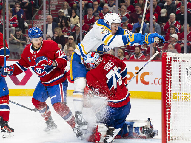 MONTREAL, CANADA- MAY 10: Beck Malenstyn #29 of the Buffalo Sabres collides with Jakub Dobes #75 of the Montreal Canadiens during the second period of Game Three of the Second Round of the 2026 Stanley Cup Playoffs between the Montreal Canadiens and the Buffalo Sabres at the Bell Centre on May 10, 2026 in Montreal, Quebec, Canada.