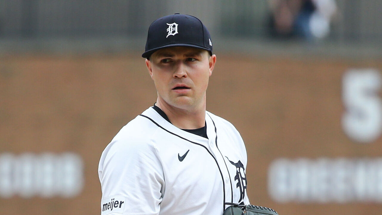 DETROIT, MI - APRIL 28: Detroit Tigers starting pitcher Tarik Skubal (29) looks for a pitch sign during a regular season Major League Baseball game between the Kansas City Royals and the Detroit Tigers on April 28, 2024 at Comerica Park in Detroit, Michigan.