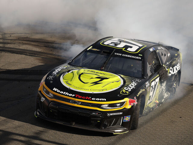 WATKINS GLEN, NEW YORK - MAY 10: Shane Van Gisbergen, driver of the #97 Superfile Chevrolet, celebrates with a burnout after winning the NASCAR Cup Series Go Bowling at The Glen at Watkins Glen International on May 10, 2026 in Watkins Glen, New York.