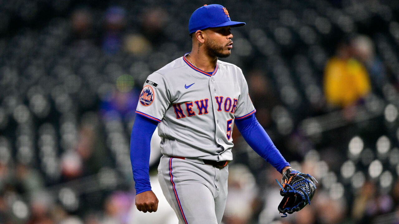 DENVER, COLORADO - MAY 6: Freddy Peralta #51 of the New York Mets reacts after pitching in the third inning against the Colorado Rockies at Coors Field on May 6, 2026 in Denver, Colorado.