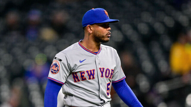 DENVER, COLORADO - MAY 6: Freddy Peralta #51 of the New York Mets reacts after pitching in the third inning against the Colorado Rockies at Coors Field on May 6, 2026 in Denver, Colorado.
