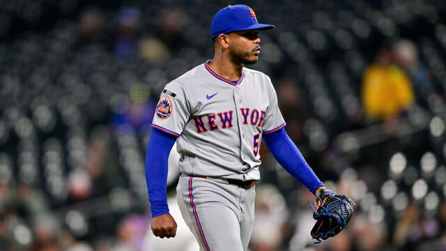 DENVER, COLORADO - MAY 6: Freddy Peralta #51 of the New York Mets reacts after pitching in the third inning against the Colorado Rockies at Coors Field on May 6, 2026 in Denver, Colorado.