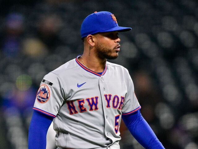 DENVER, COLORADO - MAY 6: Freddy Peralta #51 of the New York Mets reacts after pitching in the third inning against the Colorado Rockies at Coors Field on May 6, 2026 in Denver, Colorado.