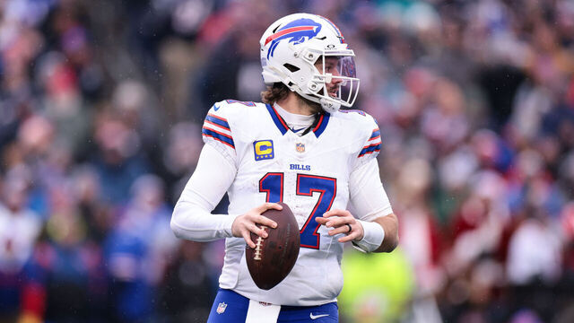 FOXBOROUGH, MASSACHUSETTS - DECEMBER 14: Josh Allen #17 of the Buffalo Bills looks to pass during the third quarter against the New England Patriots at Gillette Stadium on December 14, 2025 in Foxborough, Massachusetts.