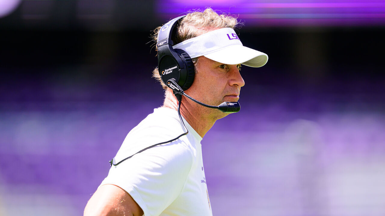 BATON ROUGE, LOUISIANA - APRIL 11: Head coach Lane Kiffin of the LSU Tigers in action during spring practice at Tiger Stadium on April 11, 2026 in Baton Rouge, Louisiana. (Photo by Ella Hall/University Images via Getty Images}